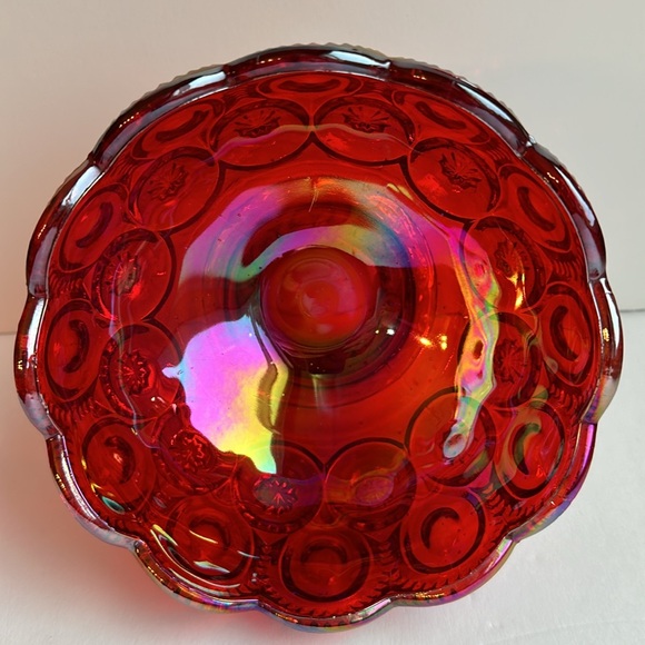 L E Smith Moon and Stars Iridescent Ruby Red Orange Carnival Glass Bowl 6” - Picture 2 of 9